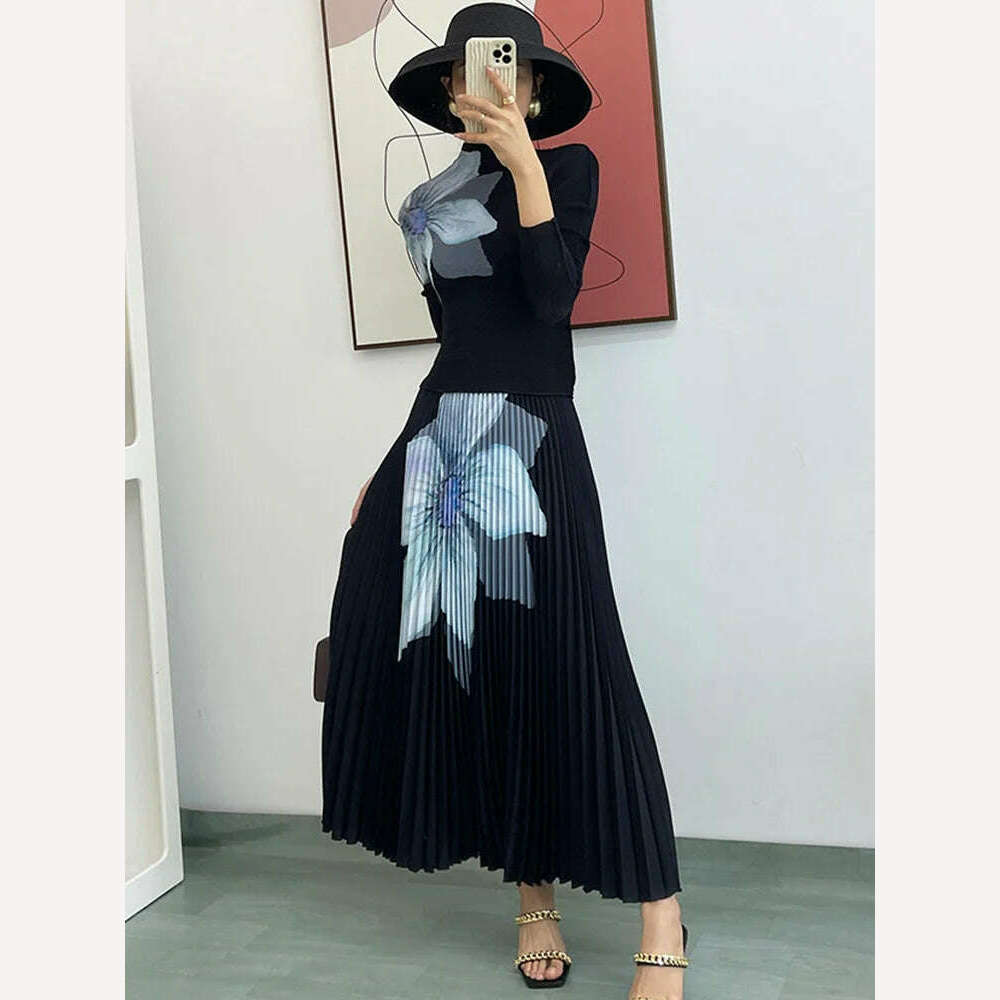 KIMLUD, LANMREM Elegant Fashion Printed Pleated 2 Pieces Set For Women Turtleneck Slim Tops With High Waist Mid Length Skirts 2Q1248, KIMLUD Womens Clothes