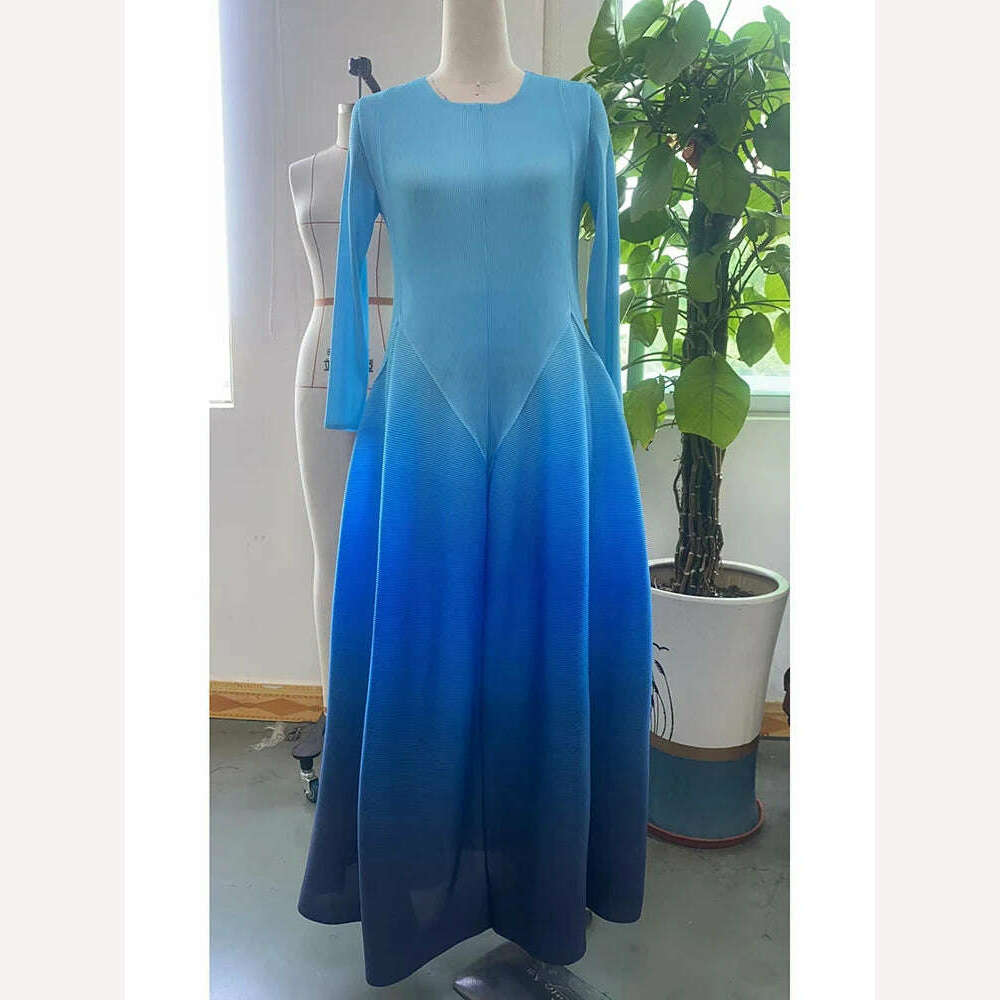 KIMLUD, LANMREM Maxi Pleated Dress Gradient Full Sleeves Fold Elegant Dresses For Women 2023 New Summer Luxury Party Clothes 2YA2705, Blue / One Size, KIMLUD Womens Clothes