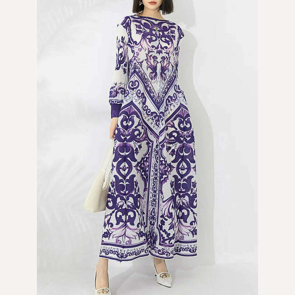 KIMLUD, LANMREM Vintage Print Pleated A-line Dress Women Lantern Sleeves Contrast Color Long Dresses Fashion 2024 Spring New 32C741, Purple / One Size, KIMLUD Women's Clothes