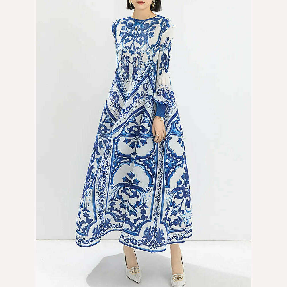 KIMLUD, LANMREM Vintage Print Pleated A-line Dress Women Lantern Sleeves Contrast Color Long Dresses Fashion 2024 Spring New 32C741, Blue / One Size, KIMLUD Women's Clothes