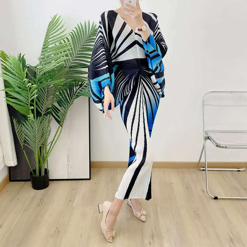 KIMLUD, LANMREM Zebra Stripes Printing Pleated Dress Women Batwing Sleeves V  Neck Long Length Female Chic Party Dresses Elegant 2R2950, Blue / One Size, KIMLUD Womens Clothes