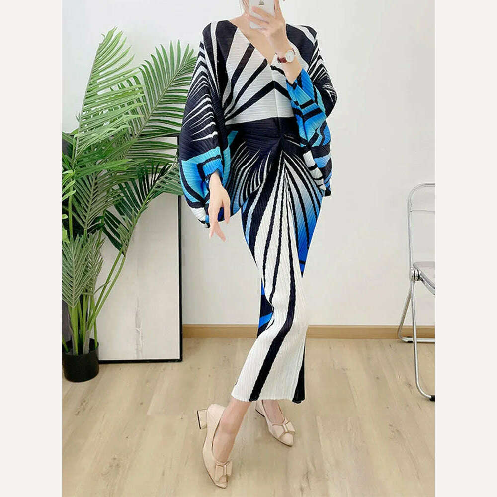 KIMLUD, LANMREM Zebra Stripes Printing Pleated Dress Women Batwing Sleeves V  Neck Long Length Female Chic Party Dresses Elegant 2R2950, KIMLUD Womens Clothes