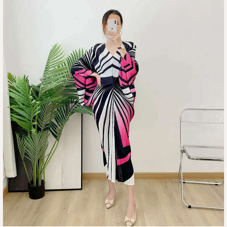 KIMLUD, LANMREM Zebra Stripes Printing Pleated Dress Women Batwing Sleeves V  Neck Long Length Female Chic Party Dresses Elegant 2R2950, KIMLUD Womens Clothes