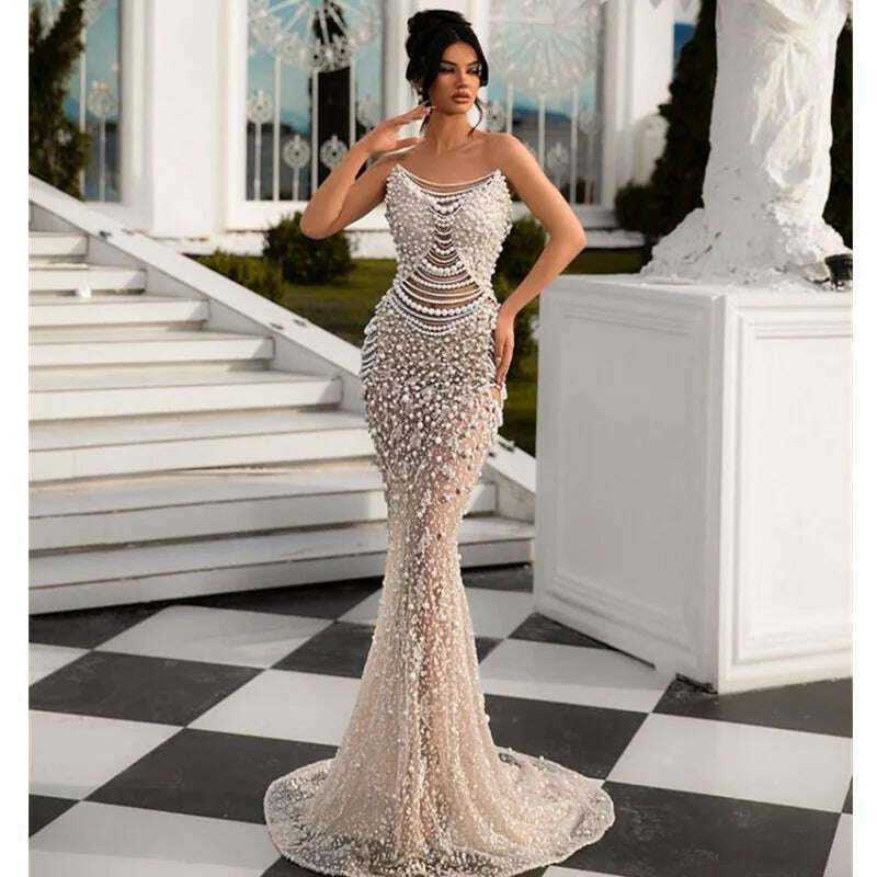 KIMLUD, Luxury Pearl String Sexy See Through White Sequins Long Dress Elegant Woman Wedding Party Dress Red Carpet Goddess Vestido, Beige / L, KIMLUD Women's Clothes
