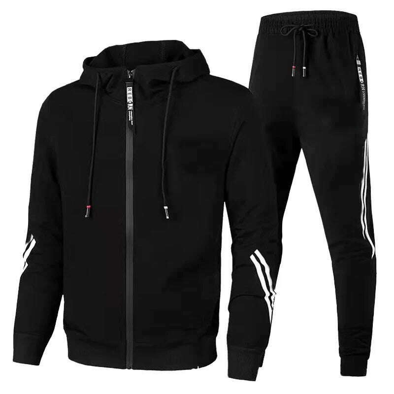 KIMLUD, Men Autumn Winter Sport Suits Casual Outdoor Zipper Jackets and Sweatpants Jogging Set Male Fleece Hoodie Tracksuit, Black / XXL, KIMLUD Women's Clothes