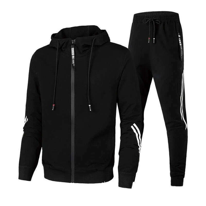 KIMLUD, Men Casual Tracksuit Zipper Hoodies Top And Sweatpants 2pcs Set 2024 Male Outdoor Jogging Jackets Clothes Sport Man Pants Suit, Black / 3XL, KIMLUD Womens Clothes