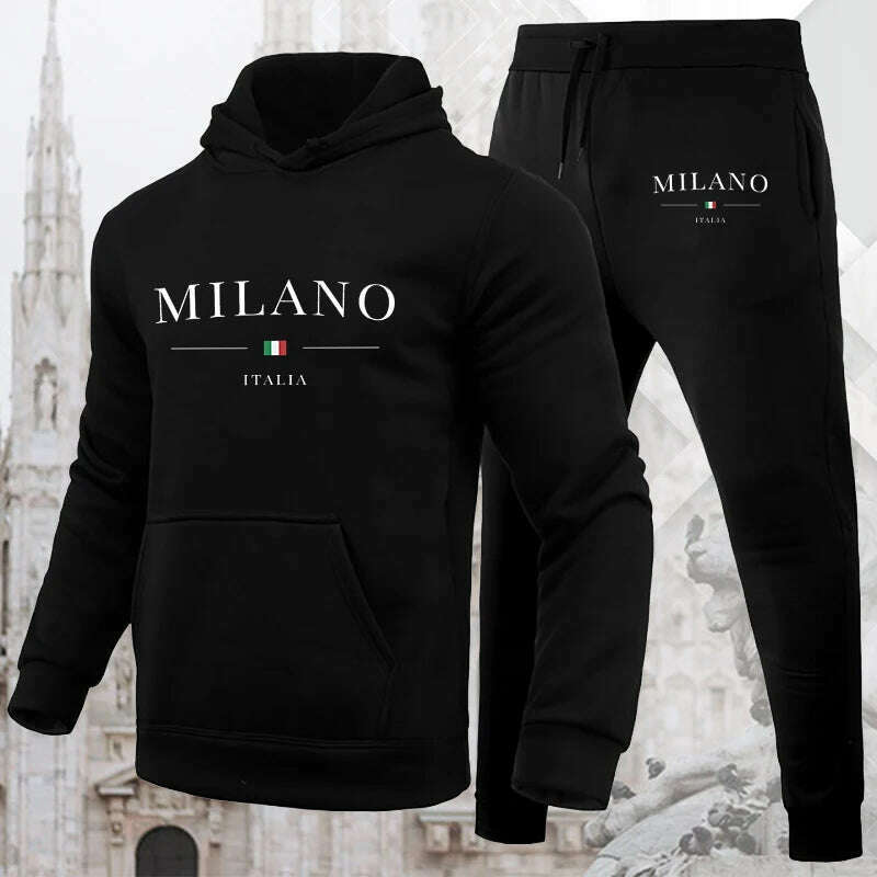 KIMLUD, Men's Luxury Hoodie Set Milano Print Sweatshirt Sweatpant for Male Hooded Tops Jogging Trousers Suit Casual Streetwear Tracksuit, KIMLUD Womens Clothes