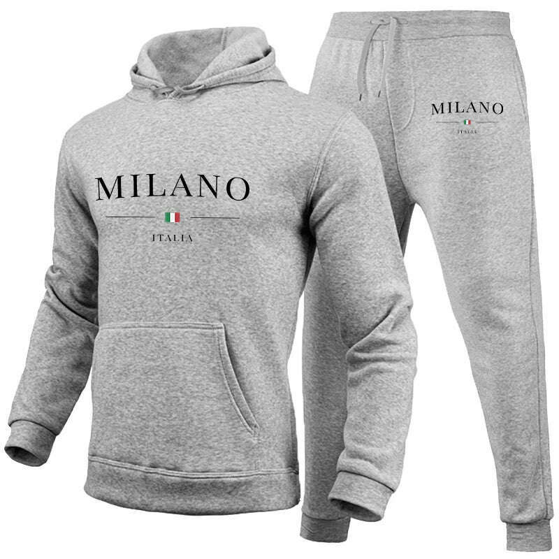KIMLUD, Men's Luxury Hoodie Set Milano Print Sweatshirt Sweatpant for Male Hooded Tops Jogging Trousers Suit Casual Streetwear Tracksuit, Gray Set 01 / L, KIMLUD Women's Clothes