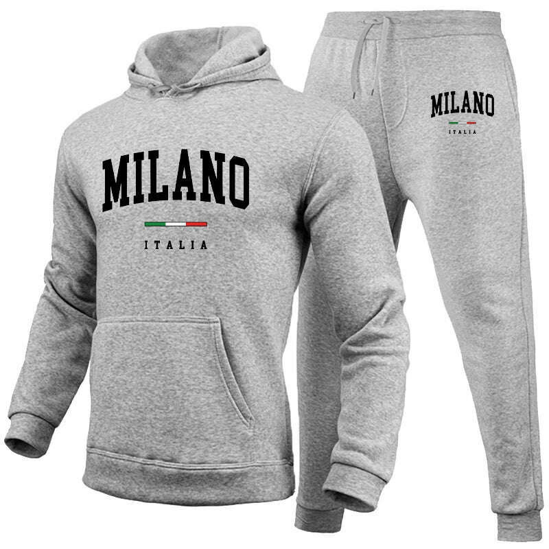 KIMLUD, Men's Luxury Hoodie Set Milano Print Sweatshirt Sweatpant for Male Hooded Tops Jogging Trousers Suit Casual Streetwear Tracksuit, Gray Set 02 / 4XL, KIMLUD Women's Clothes