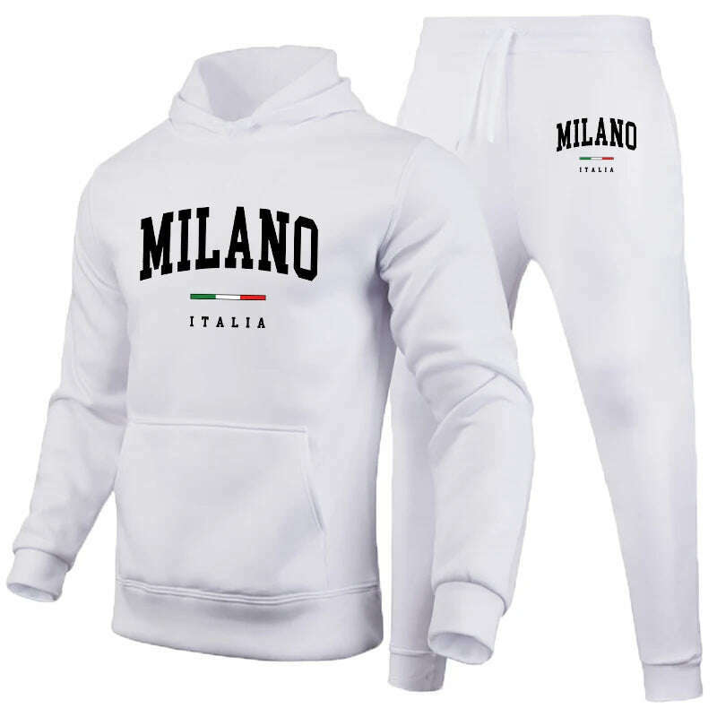 KIMLUD, Men's Luxury Hoodie Set Milano Print Sweatshirt Sweatpant for Male Hooded Tops Jogging Trousers Suit Casual Streetwear Tracksuit, White Set 02 / 4XL, KIMLUD Women's Clothes