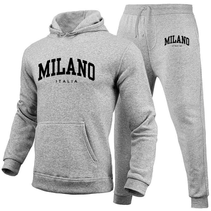 KIMLUD, Men's Luxury Hoodie Set Milano Print Sweatshirt Sweatpant for Male Hooded Tops Jogging Trousers Suit Casual Streetwear Tracksuit, Gray Set 03 / 4XL, KIMLUD Women's Clothes