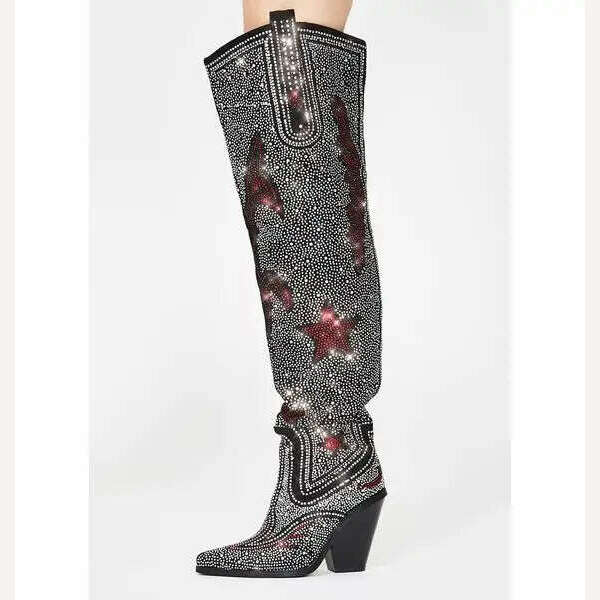 KIMLUD, Mid Calf Boots Women Fashion Over The Knee Boots Luxurious Crystal Rhinestone Studded Chunky Heels Pointy Shoes Women, KIMLUD Womens Clothes