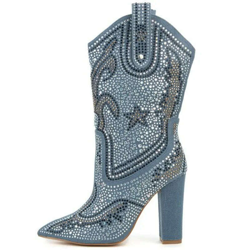 KIMLUD, Mid Calf Boots Women Fashion Over The Knee Boots Luxurious Crystal Rhinestone Studded Chunky Heels Pointy Shoes Women, C / 35, KIMLUD Womens Clothes