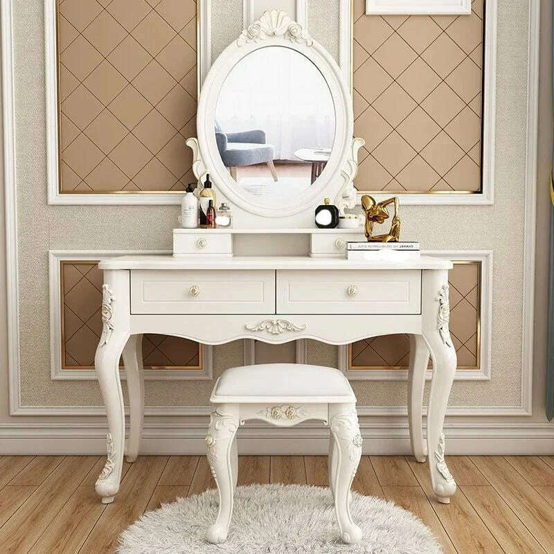 KIMLUD, Mirror Storage Dressing Table White Nordic Style European Bedroom Dressing Table Home Charm Coiffeuse Furniture Decor, KIMLUD Women's Clothes