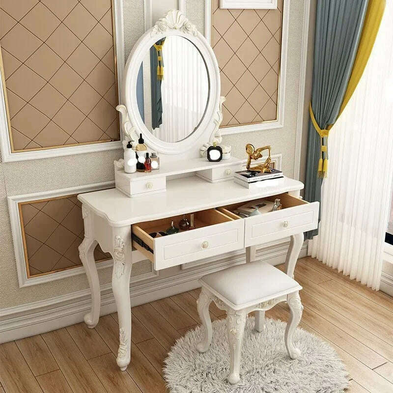 KIMLUD, Mirror Storage Dressing Table White Nordic Style European Bedroom Dressing Table Home Charm Coiffeuse Furniture Decor, KIMLUD Womens Clothes