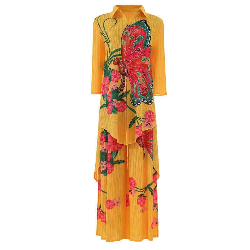 KIMLUD, Miyake Pleated Suit Women Fashion Two-Piece Suit 2022 Autumn New Printed Shirt Collar Long Shirt High Waist Wide-Leg Trousers, yellow / One Size, KIMLUD APPAREL - Womens Clothes