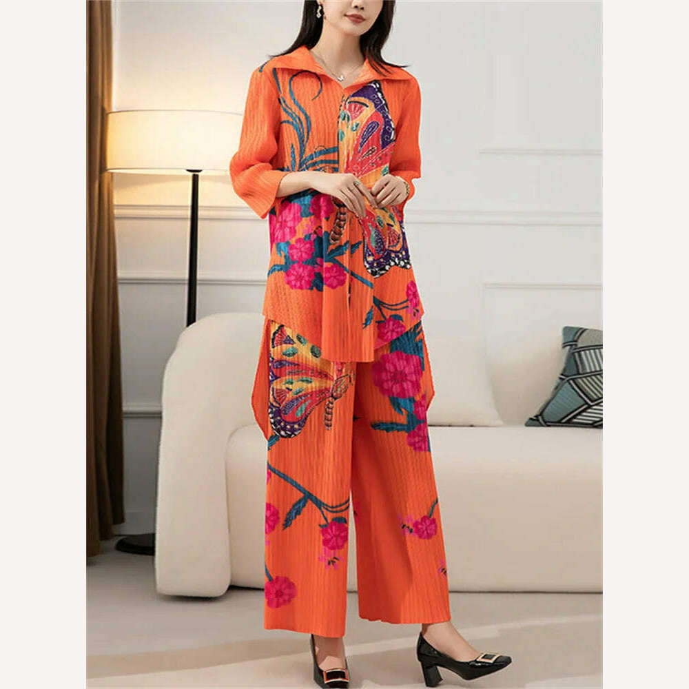 KIMLUD, Miyake Pleated Suit Women Fashion Two-Piece Suit 2022 Autumn New Printed Shirt Collar Long Shirt High Waist Wide-Leg Trousers, orange / One Size, KIMLUD Womens Clothes