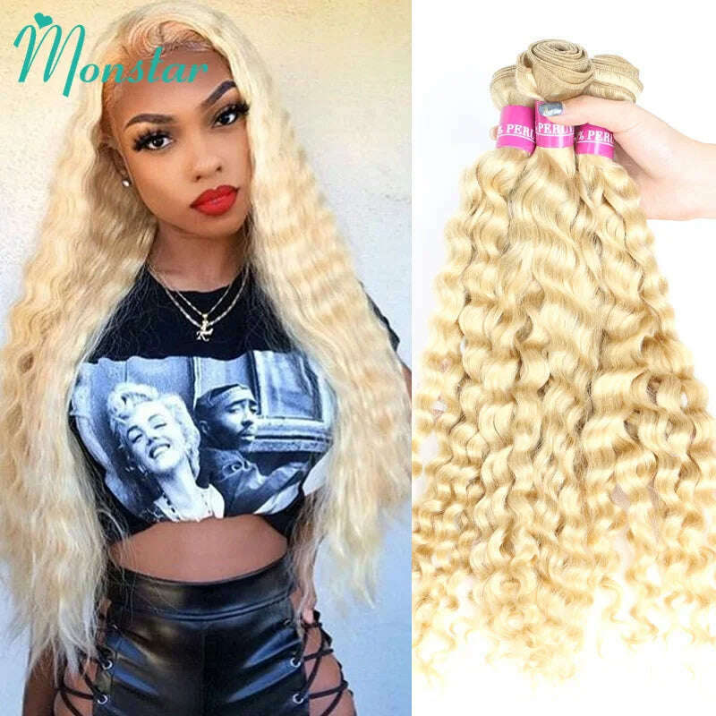 KIMLUD, Monstar 613 Malaysian Curly Human Hair Weave Bundle 28 inch Remy Deep Wave Platinum Blonde Hair 1 3 4 Bundle Deals Free Shipping, KIMLUD Women's Clothes