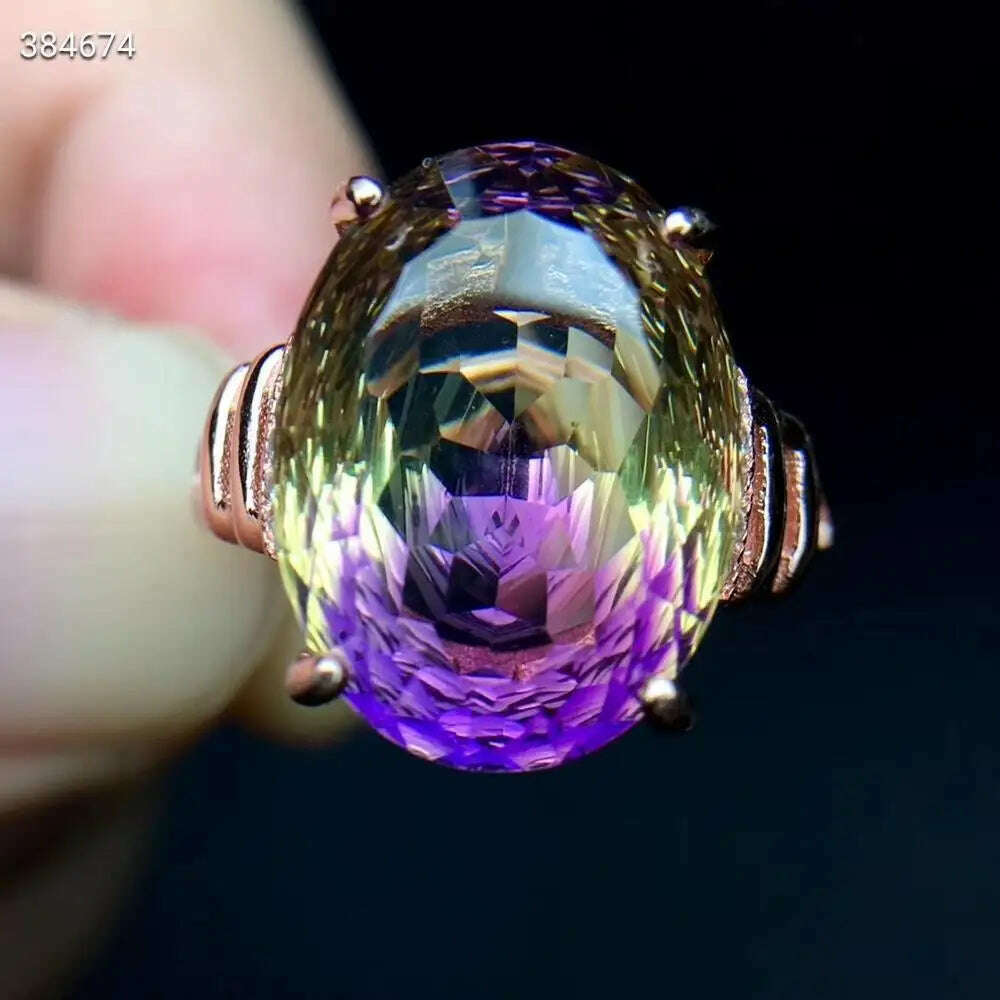 Natural Purple Yellow Ametrine Quartz Resizable Ring Faceted Cut Women Adjustable Size Ring Ametrine 12*16mm Rare Gift AAAAAA - KIMLUD