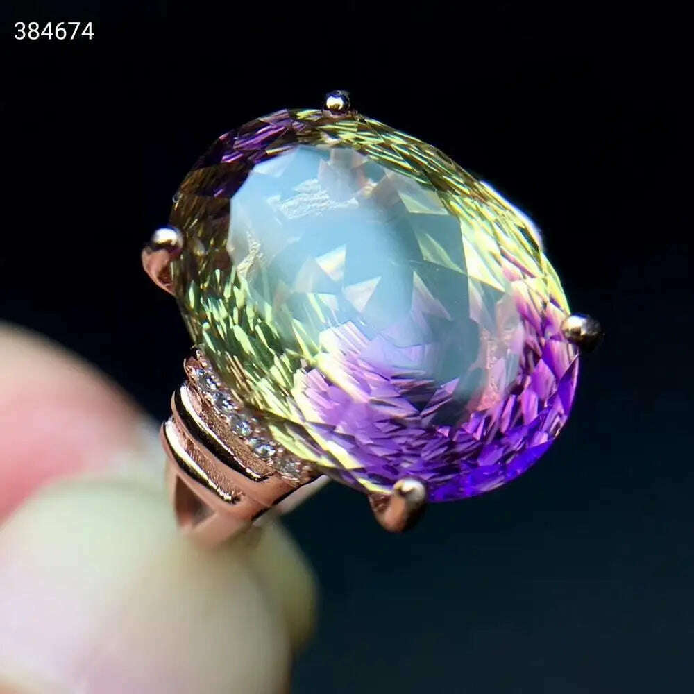 Natural Purple Yellow Ametrine Quartz Resizable Ring Faceted Cut Women Adjustable Size Ring Ametrine 12*16mm Rare Gift AAAAAA - KIMLUD