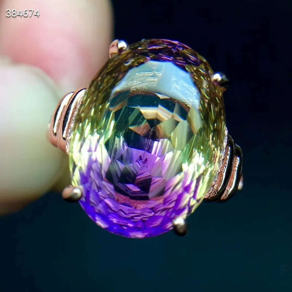Natural Purple Yellow Ametrine Quartz Resizable Ring Faceted Cut Women Adjustable Size Ring Ametrine 12*16mm Rare Gift AAAAAA - KIMLUD