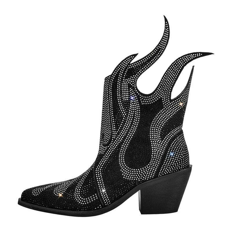 KIMLUD, Onlymaker Pointed Toe Flame Rhinestone Ankle Boots  Glitter Bling Shiny Super Pretty Sparkly Gorgeous Dress Short Boots, CD230661A / 10, KIMLUD APPAREL - Womens Clothes