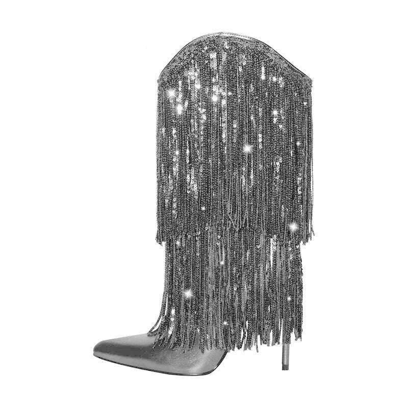 KIMLUD, Onlymaker Woman Pointed Toe Stilettos Sequin Fringe Boots Big Size Fashion Female Booties, KIMLUD Womens Clothes