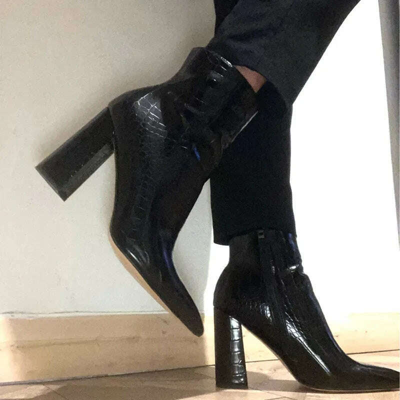 Onlymaker Women Ankle Boots Pointed Toe 10CM High Heels Thick Soft Autumn Winter Pattern Chunky Zipper Booties Big Size - KIMLUD