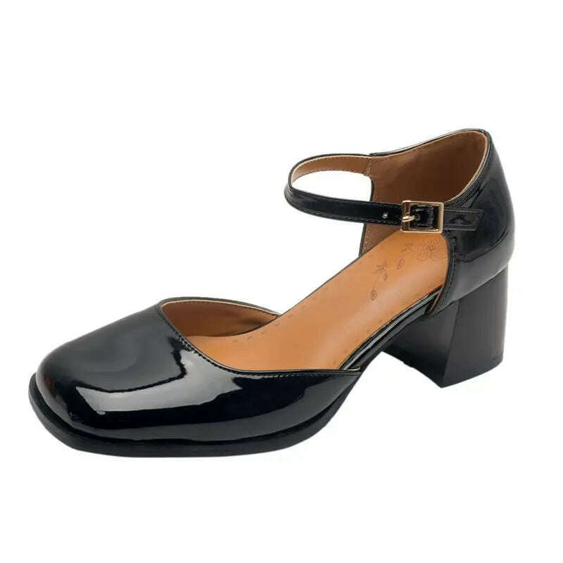 KIMLUD, ORCHA LISA Patent Leather Female Pumps 32 33 Square Toe Chunky Heels 6cm Buckle Strap Plus Size 45 46 Spring Elegant Daily Shoes, Black / US14-EU45-27.5CM / CN, KIMLUD APPAREL - Womens Clothes