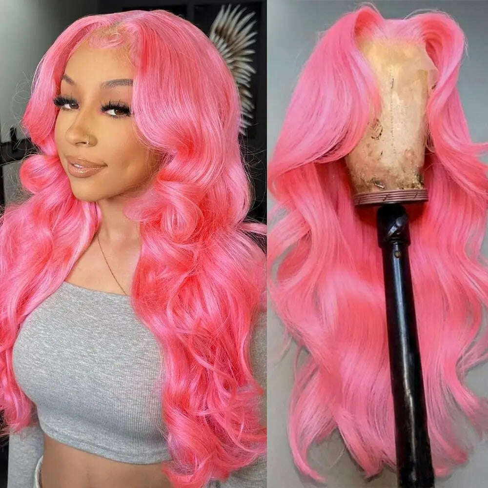 KIMLUD, Pink Body Wave Lace Front Wig Human Hair 13x4 HD Lace Frontal Human Hair Wig 180 Density Transparent Brazilian Hair Colored Wig, KIMLUD Women's Clothes