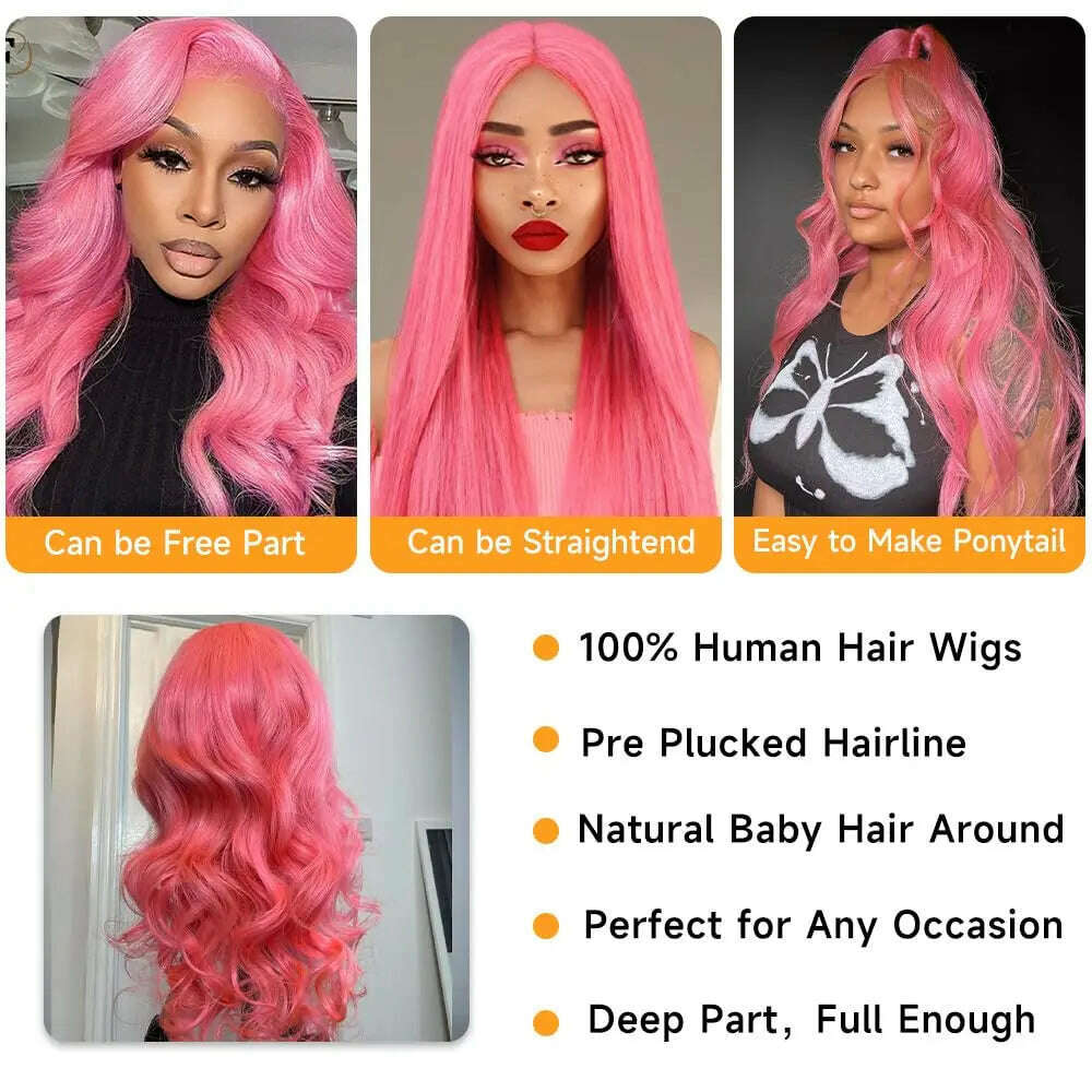 KIMLUD, Pink Body Wave Lace Front Wig Human Hair 13x4 HD Lace Frontal Human Hair Wig 180 Density Transparent Brazilian Hair Colored Wig, KIMLUD Womens Clothes