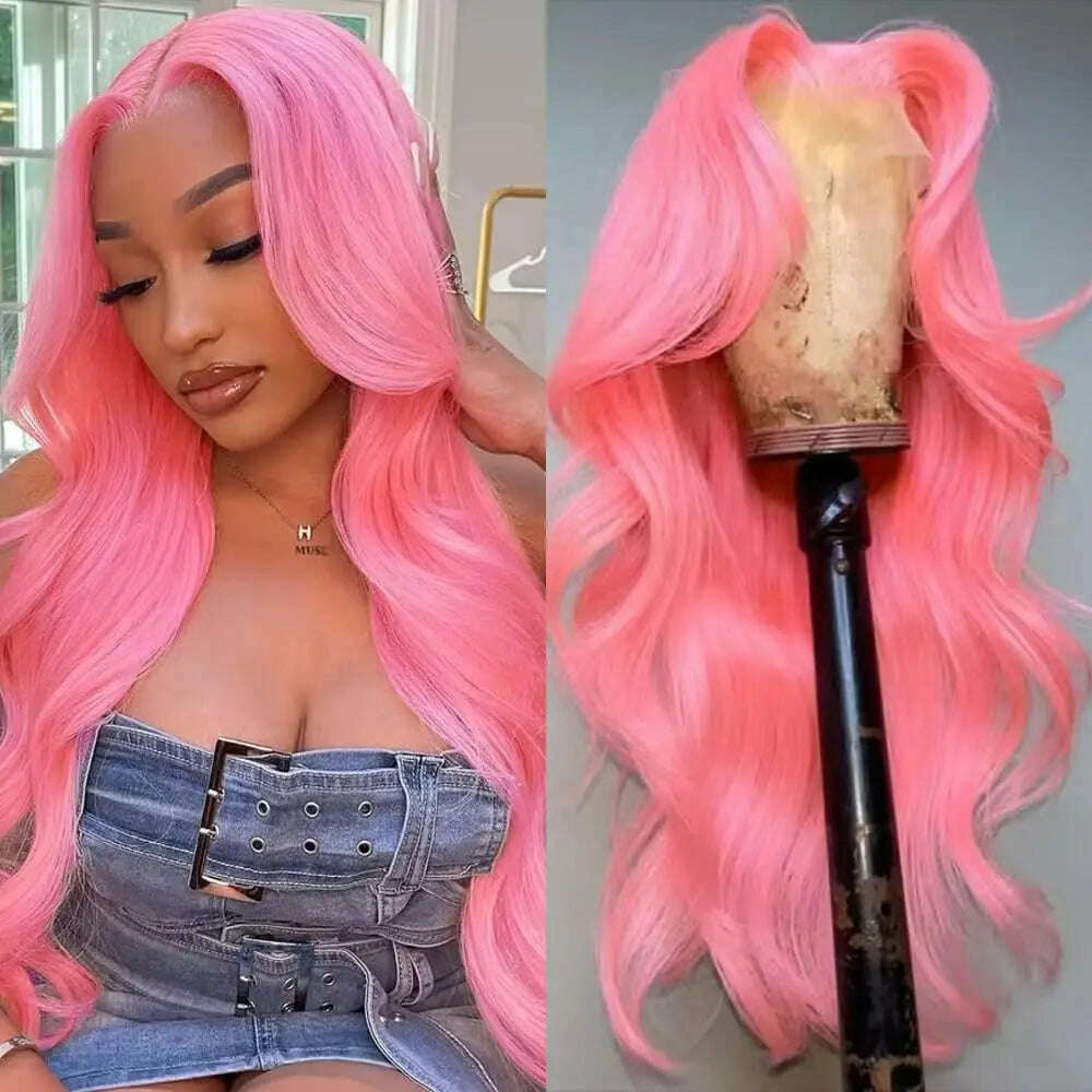 KIMLUD, Pink Body Wave Lace Front Wig Human Hair 13x4 HD Lace Frontal Human Hair Wig 180 Density Transparent Brazilian Hair Colored Wig, pink color / 30Inches / 180%, KIMLUD Women's Clothes