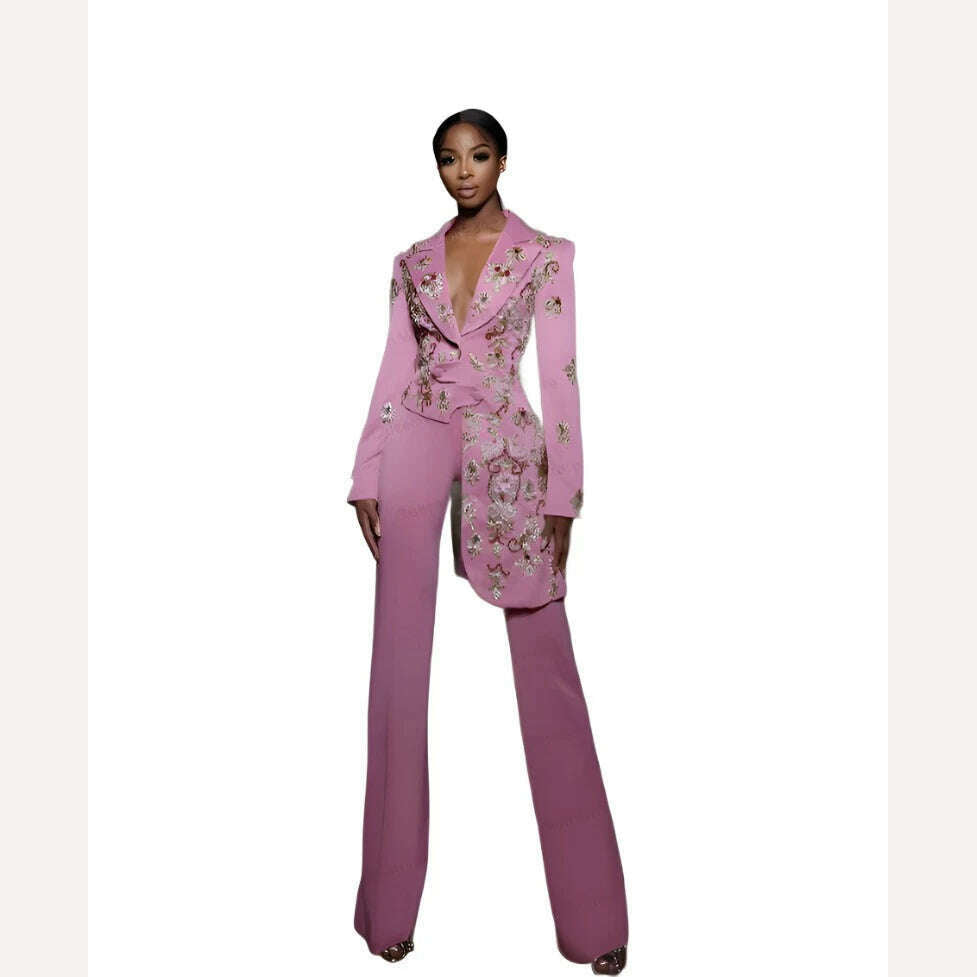 KIMLUD, Pink Women Suits Office Set Blazer+Pants Mother of the Guest Dresses Irregular Hem Applique Beads Jacket 2 Pieces Custom Made, black / US size 2, KIMLUD Women's Clothes