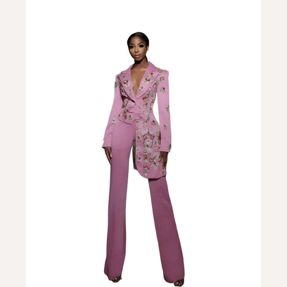 Pink Women Suits Office Set Blazer+Pants Mother of the Guest Dresses Irregular Hem Applique Beads Jacket 2 Pieces Custom Made - KIMLUD