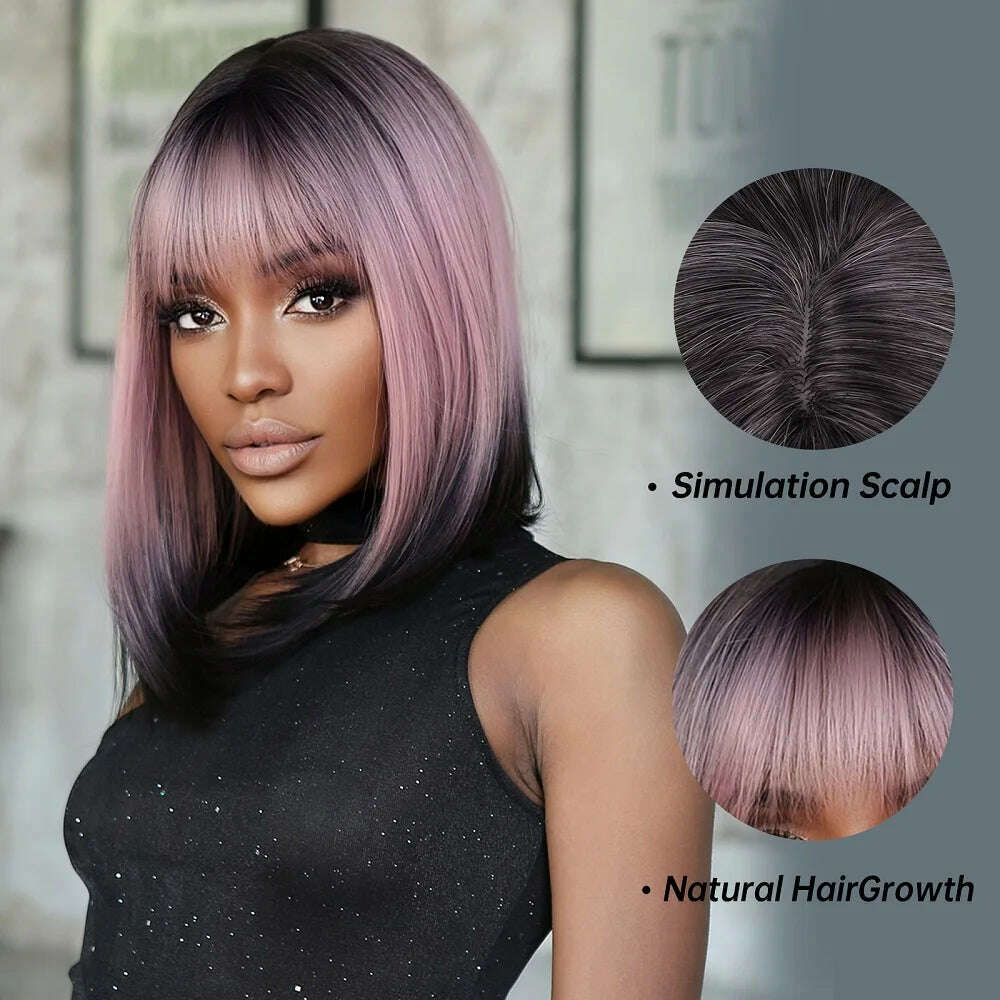 KIMLUD, Purple Pink Ombre Black Short Straight Synthetic Wigs with Bangs Bob Wig for Women Daily Cosplay Party Heat Resistant Fake Hairs, KIMLUD Womens Clothes
