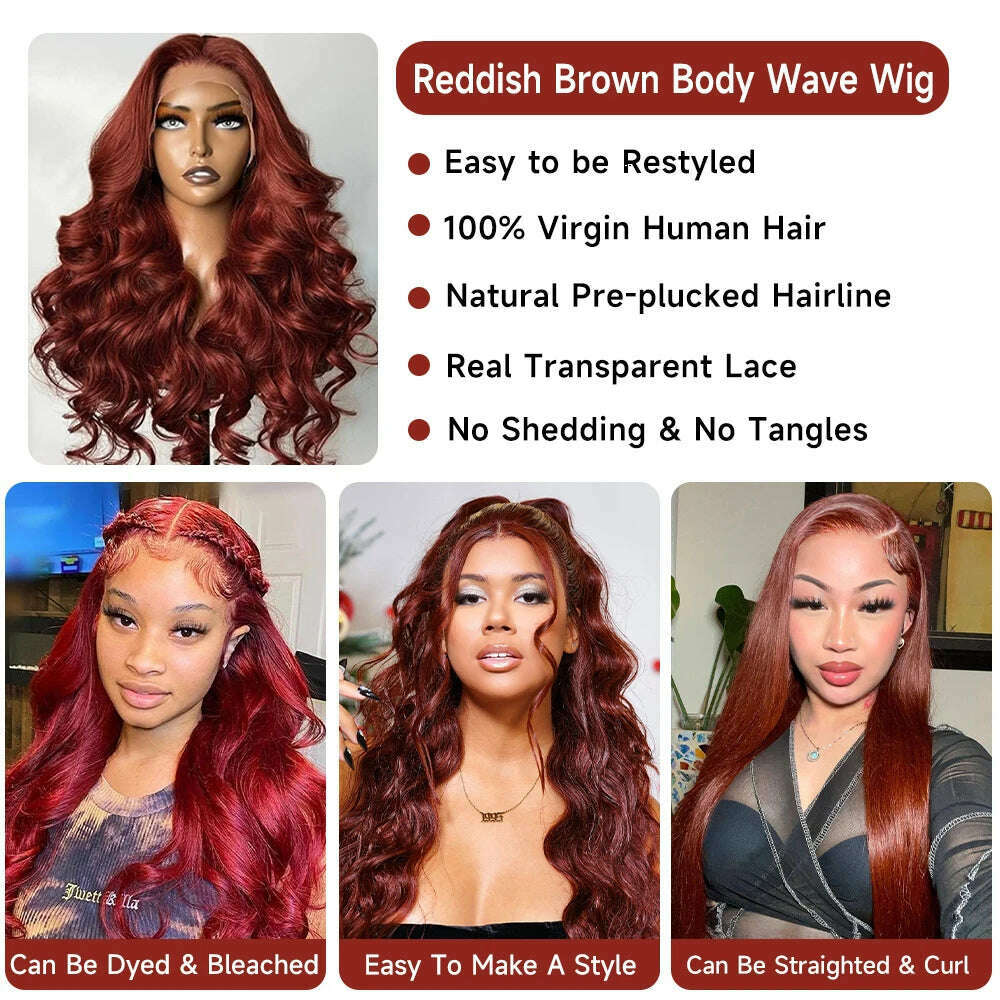 KIMLUD, Reddish Brown Lace Front Wigs Human Hair Pre Plucked with Baby Hair 13x4 HD Body Wave Lace Front Wigs Human Hair For Women, KIMLUD Women's Clothes