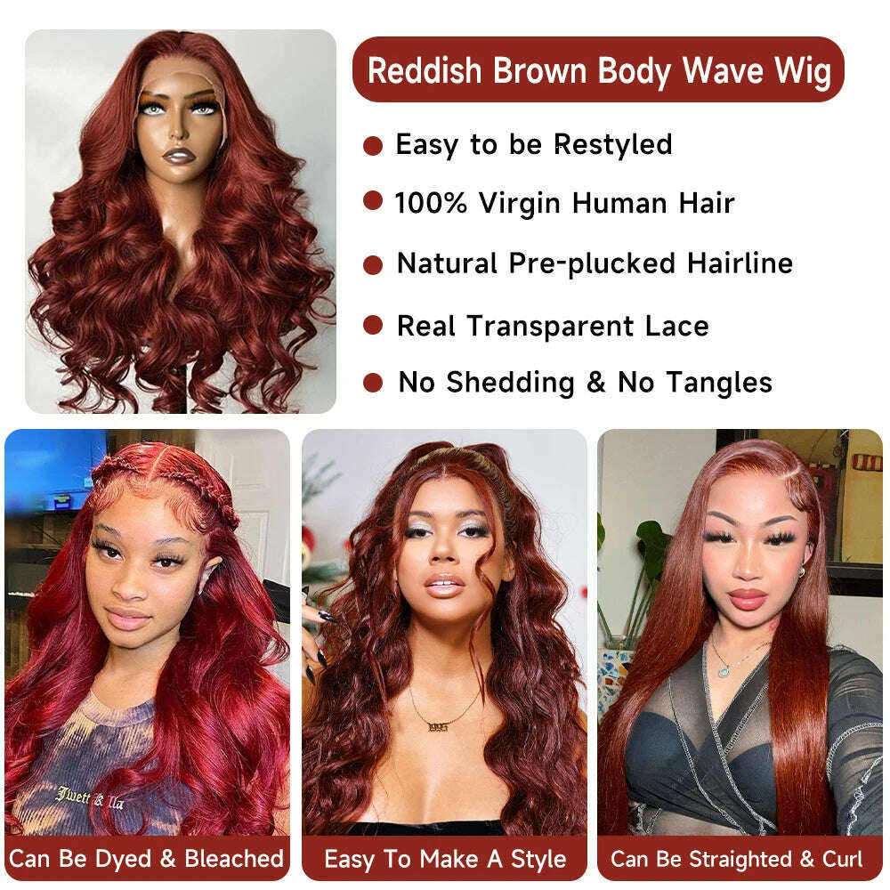 KIMLUD, Reddish Brown Lace Front Wigs Human Hair Pre Plucked with Baby Hair 13x4 HD Body Wave Lace Front Wigs Human Hair For Women, KIMLUD Womens Clothes