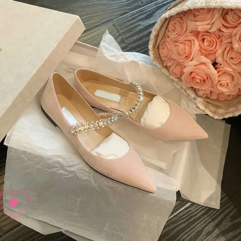 KIMLUD, Rhinestone Strap Nude Sandals Women's Shallow Mouth Pointed Toe Scrub Flat High Heel Shoes, Pink Suede(Flat) / 34, KIMLUD Women's Clothes