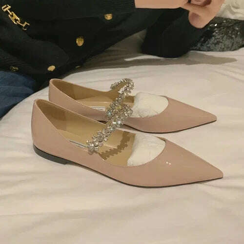 KIMLUD, Rhinestone Strap Nude Sandals Women's Shallow Mouth Pointed Toe Scrub Flat High Heel Shoes, Pink(Flat) / 35, KIMLUD Women's Clothes