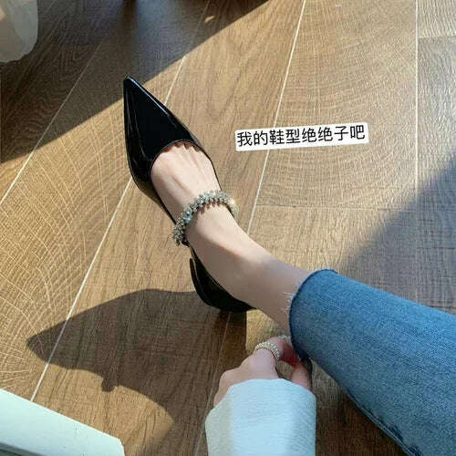 KIMLUD, Rhinestone Strap Nude Sandals Women's Shallow Mouth Pointed Toe Scrub Flat High Heel Shoes, Black(Flat) / 34, KIMLUD APPAREL - Womens Clothes