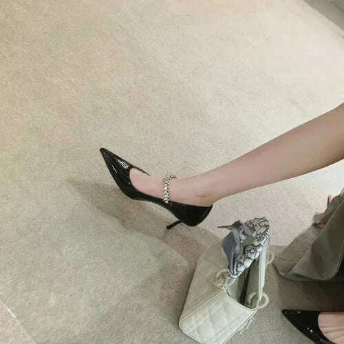 KIMLUD, Rhinestone Strap Nude Sandals Women's Shallow Mouth Pointed Toe Scrub Flat High Heel Shoes, Black 2(7cm) / 35, KIMLUD APPAREL - Womens Clothes