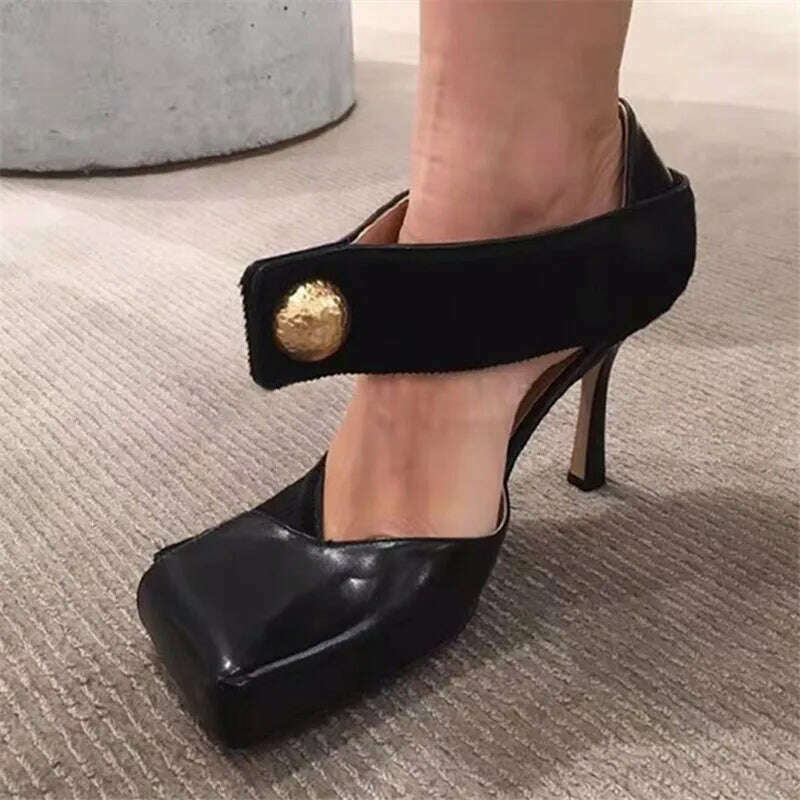 Sexy Black Women Pumps Square Toe Hollow Out High Heel Shoes Ladies Mary Janes Summer Sandals Patchwork Horsehair Stiletto - KIMLUD