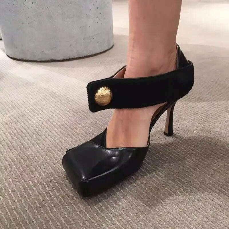 Sexy Black Women Pumps Square Toe Hollow Out High Heel Shoes Ladies Mary Janes Summer Sandals Patchwork Horsehair Stiletto - KIMLUD