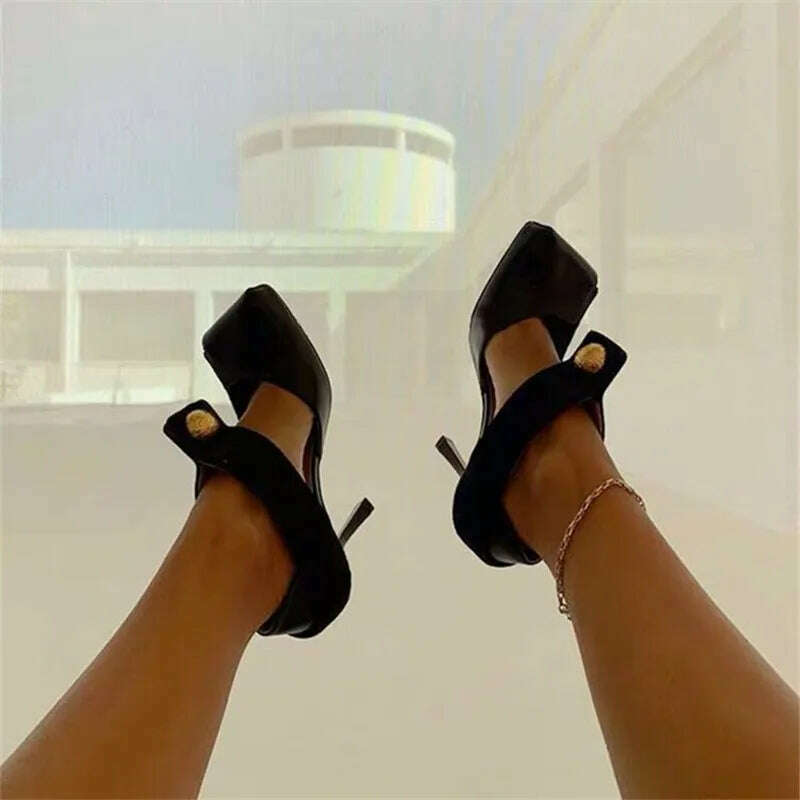 KIMLUD, Sexy Black Women Pumps Square Toe Hollow Out High Heel Shoes Ladies Mary Janes Summer Sandals Patchwork Horsehair Stiletto, KIMLUD Women's Clothes
