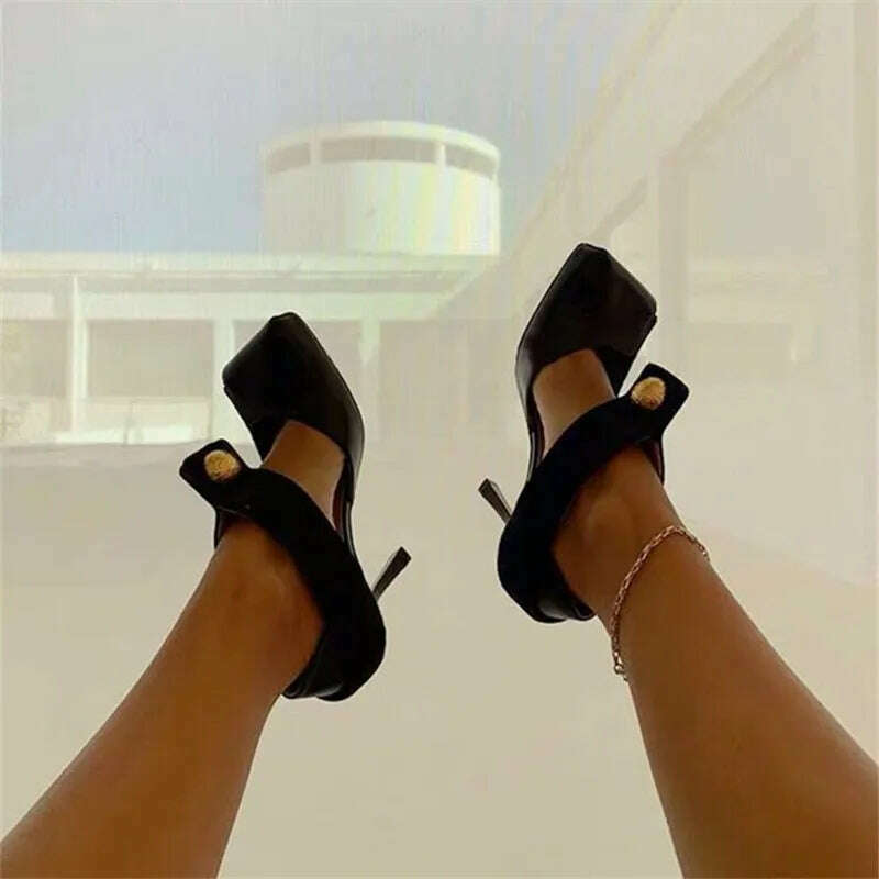 Sexy Black Women Pumps Square Toe Hollow Out High Heel Shoes Ladies Mary Janes Summer Sandals Patchwork Horsehair Stiletto - KIMLUD