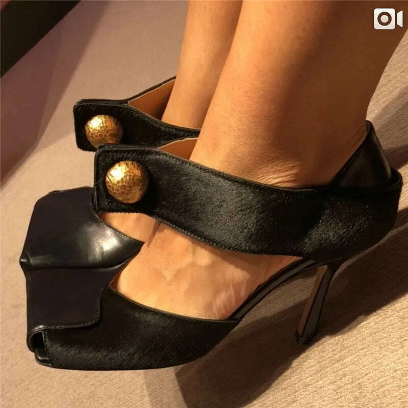Sexy Black Women Pumps Square Toe Hollow Out High Heel Shoes Ladies Mary Janes Summer Sandals Patchwork Horsehair Stiletto - KIMLUD