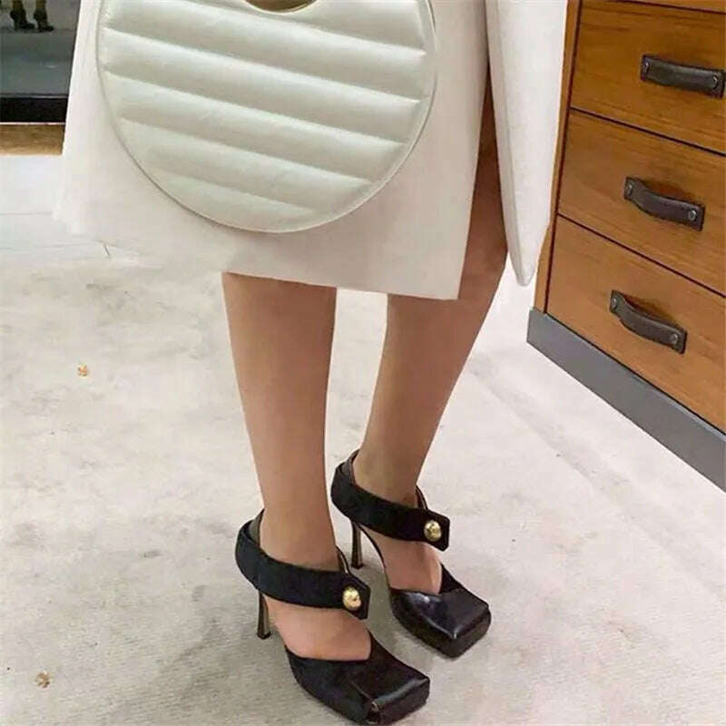 Sexy Black Women Pumps Square Toe Hollow Out High Heel Shoes Ladies Mary Janes Summer Sandals Patchwork Horsehair Stiletto - KIMLUD