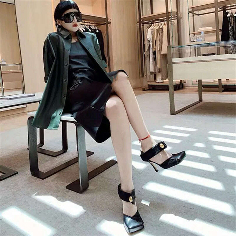 Sexy Black Women Pumps Square Toe Hollow Out High Heel Shoes Ladies Mary Janes Summer Sandals Patchwork Horsehair Stiletto - KIMLUD