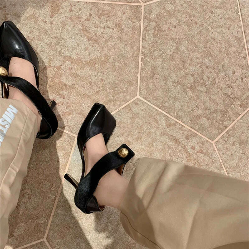 Sexy Black Women Pumps Square Toe Hollow Out High Heel Shoes Ladies Mary Janes Summer Sandals Patchwork Horsehair Stiletto - KIMLUD