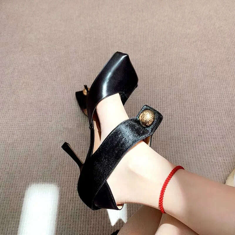 Sexy Black Women Pumps Square Toe Hollow Out High Heel Shoes Ladies Mary Janes Summer Sandals Patchwork Horsehair Stiletto - KIMLUD